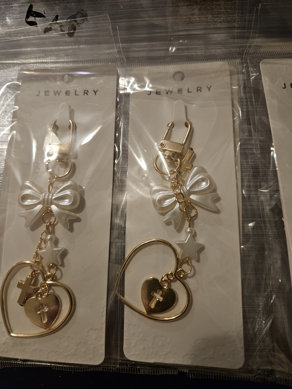 Gold Heart & Cross Charm Keychain with White Bow